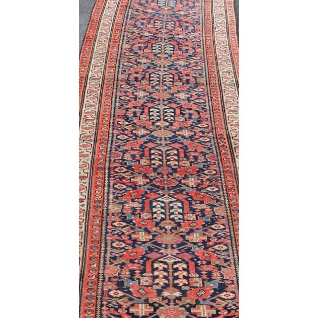 Early 20th Century Antique Malayer Long Runner Rug in Blue Background, Orange and Brown For Sale - Image 4 of 11