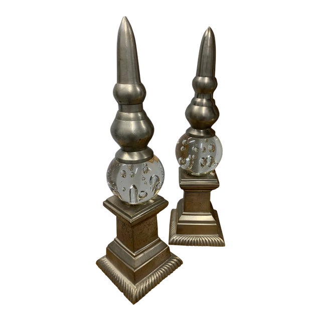 Pair of Late 20th Century Bubble Art Glass & Metal Obelisk For Sale