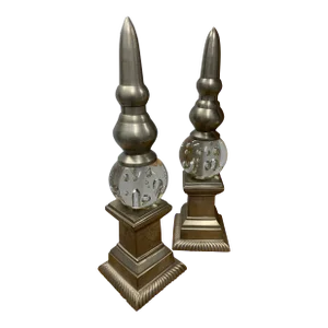 Pair of Late 20th Century Bubble Art Glass & Metal Obelisk