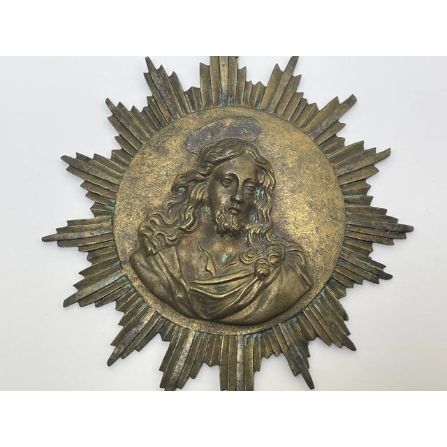 1 Small Antique French 19th Century Brass Religious Protection Jesus Son Of God Sunburst Wall Plaque. A Feature that stand...