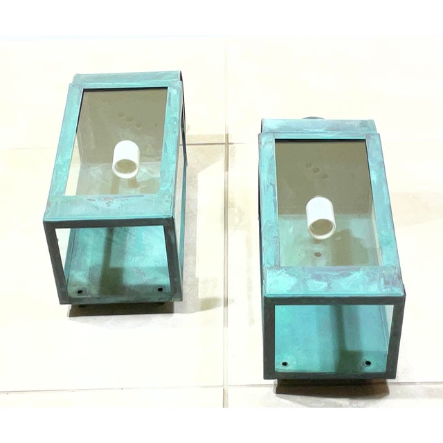 Metal Pair of Custom Hand-Crafted Solid Copper Wall Lanterns -17”x 6”25 Wide X 7”deep For Sale - Image 7 of 10