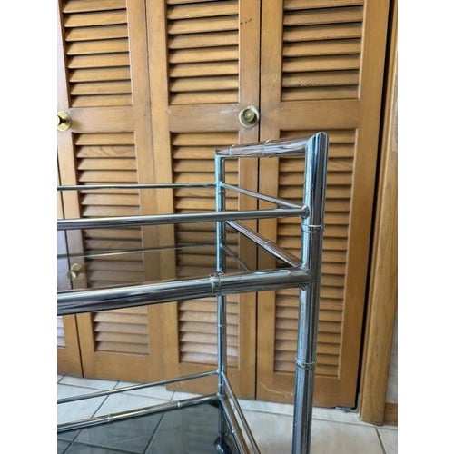 Chrome Italian Faux Bamboo Mid Century Modern MCM Smoked Glass Bar Cart For Sale - Image 9 of 12