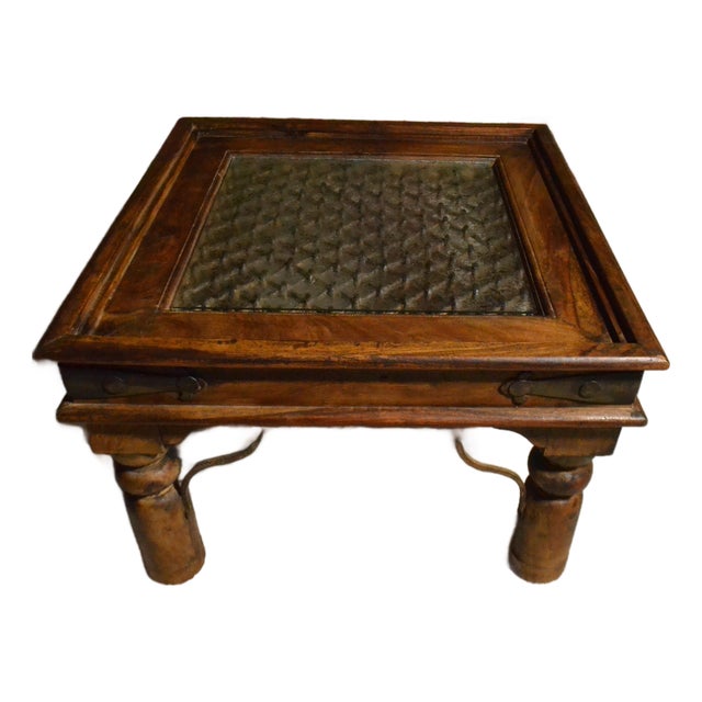 Antique Spanish Gothic Style Side Table Iron Lattice Textured Glass Top Large For Sale