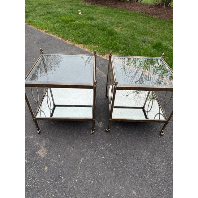 Glass Mid 20th Century Two Tiered Glass Gold Side Tables - a Pair For Sale - Image 7 of 10