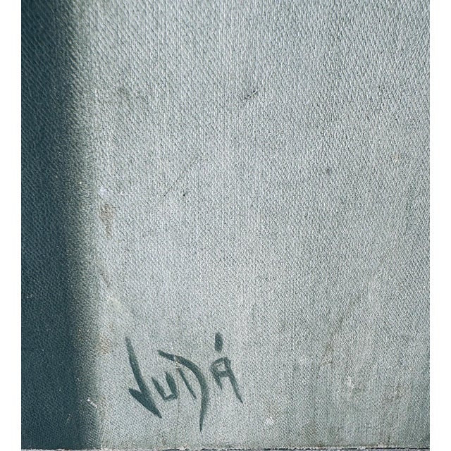 Vintage "Man Behind the Curtain" Painting Signed Vida, 2nd Painting on Verso For Sale - Image 9 of 10