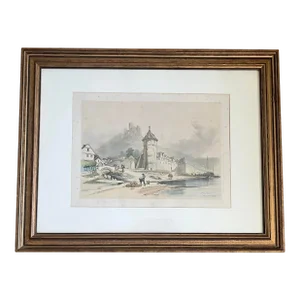 Framed Antique Lithograph Print of St. Goar Church Castle Germany by James Duffield Harding 1834