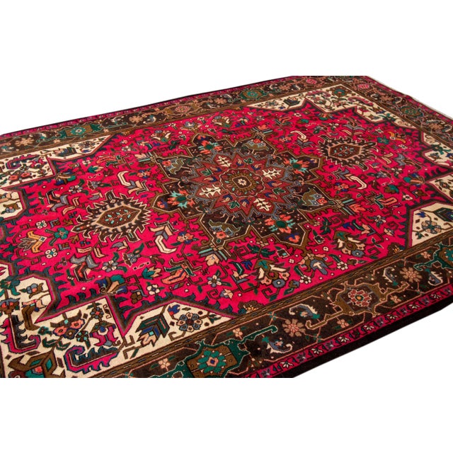 1940s Vintage Persian Heriz Handmade Pink Flroral Wool Rug For Sale - Image 11 of 12