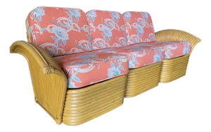 Restored 1980s "Golden Girls" Art Deco Rattan "Fan Arm" Three-Seat Sofa