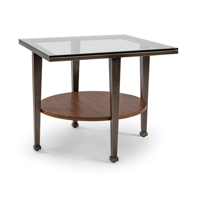 Modern Bronze and Walnut End table with Glass top designed by Greg Sheres. In Stock. The "Manhattan" lamp table is a...