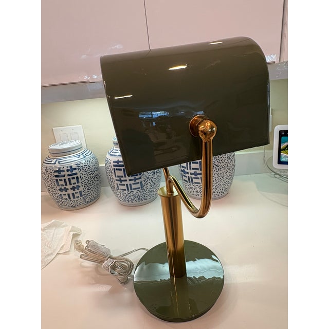 Contemporary Army Green Lacquer Brass Modern Banker Desk Lamp For Sale - Image 12 of 16