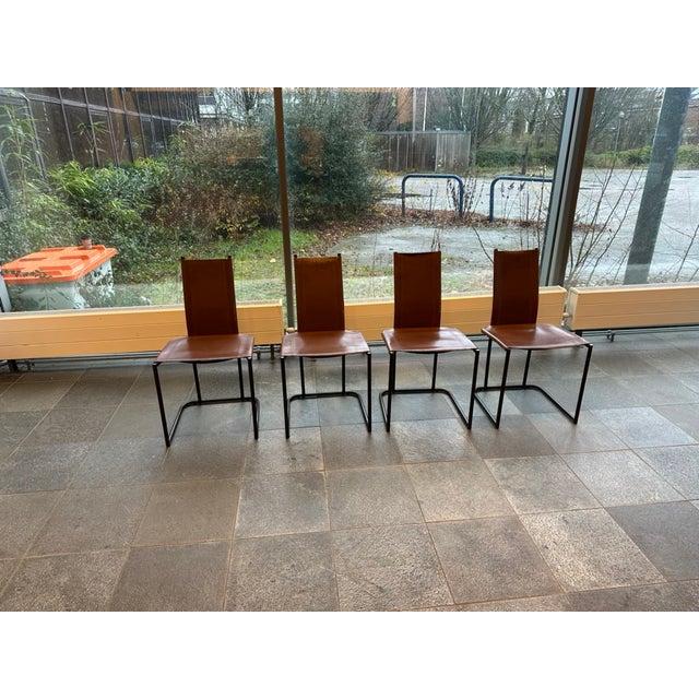 Contemporary Vintage Cantilever Dining Chairs in Saddle Leather by Thema, Italy, 1970s, Set of 4 For Sale - Image 3 of 13