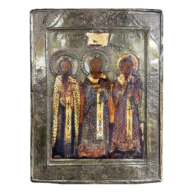 Antique Orthodox Icon with 3 Saints on Gilded Tempera Wooden Board For Sale
