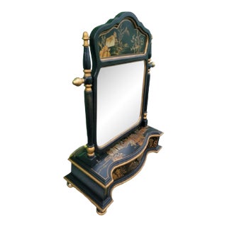 Vintage Chinoiserie Pagoda Chelsea House Style Design Black Gold Painted on Top of Dresser Mirror With Storage For Sale