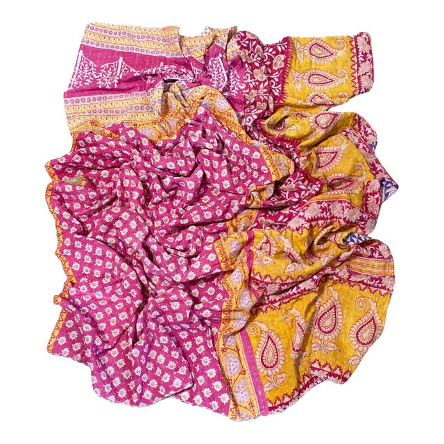 Vintage Indian CottonThrow Kantha Quilt 83" by 52" W For Sale