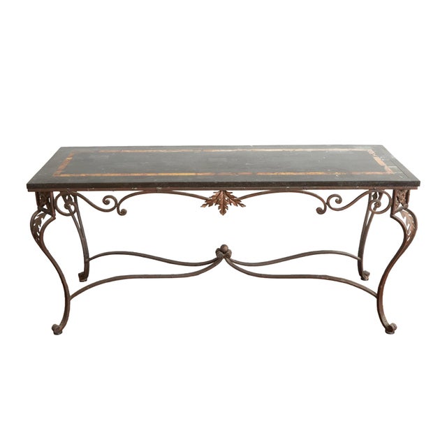 Italian Wrought Iron Framed Laminated Marble-Design Wood Console / Entry Table For Sale - Image 9 of 9