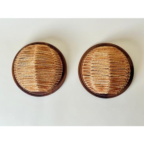 Teak and Woven Natural Fiber Wall Sconces, 1970s, Set of 2 For Sale - Image 4 of 13