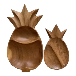 Vintage Pineapple Acacia Wood Carved Serving Bowls, Set of Two