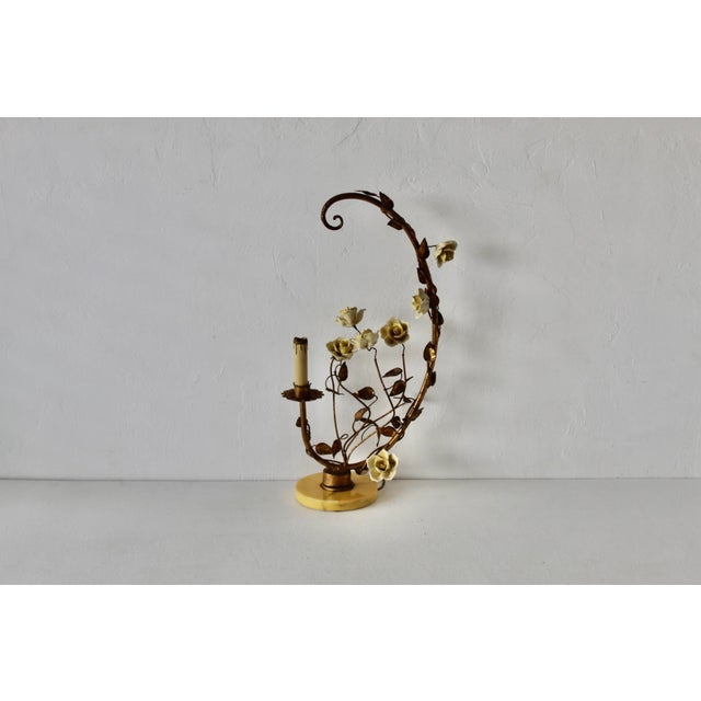 Italian Italian Gilded Tole Porcelain Yellow Roses Leaf Vine Marble Base Table Accent Lamp Vintage Mid-Century For Sale - Image 3 of 17