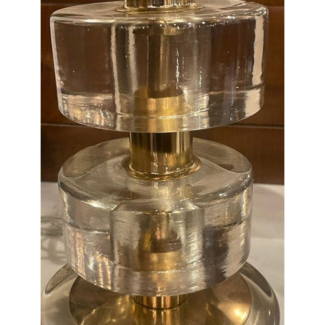 Modern Pair of Murano Clear Glass and Brass Disc Lamps For Sale - Image 3 of 10