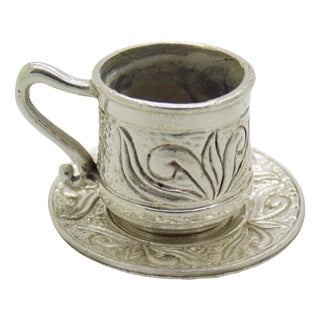 Vintage Italian Handmade Genuine Silver Coffee Cup and Saucer Dollhouse Miniature, 1970s, Set of 2 For Sale