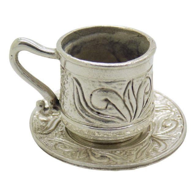 Vintage Italian Handmade Genuine Silver Coffee Cup and Saucer Dollhouse Miniature, 1970s, Set of 2 For Sale