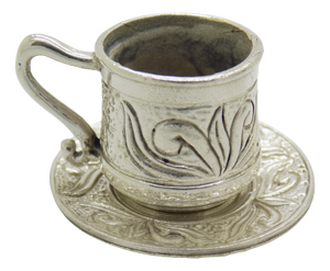 Vintage Italian Handmade Genuine Silver Coffee Cup and Saucer Dollhouse Miniature, 1970s, Set of 2