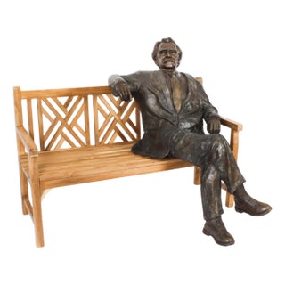 Vintage Life Size Sculpture of Albert Einstein on a Garden Bench, 20th Century, Bronze on Teak For Sale