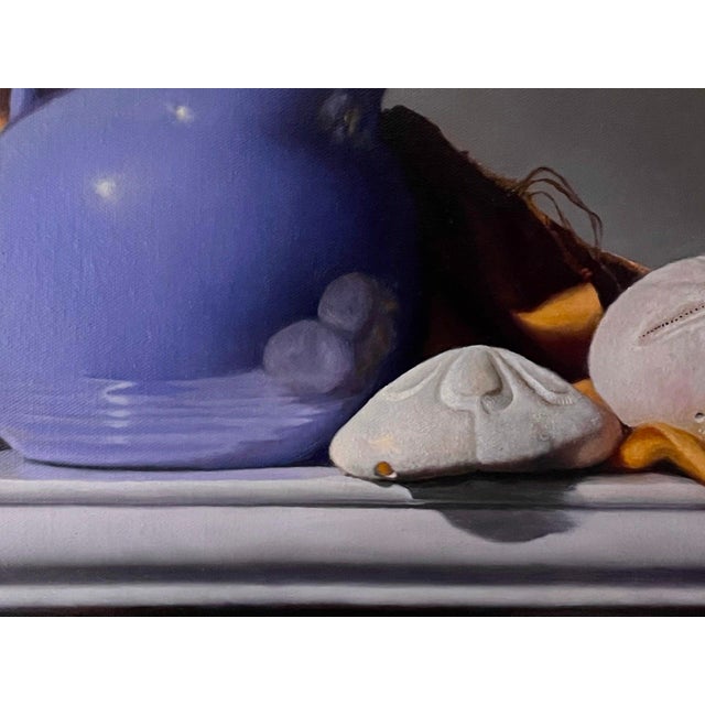 Sand Dollar Bay by Marsha Whitesides Piper | Oil Painting of a blue jug and sand dollars on a table For Sale - Image 4 of 5