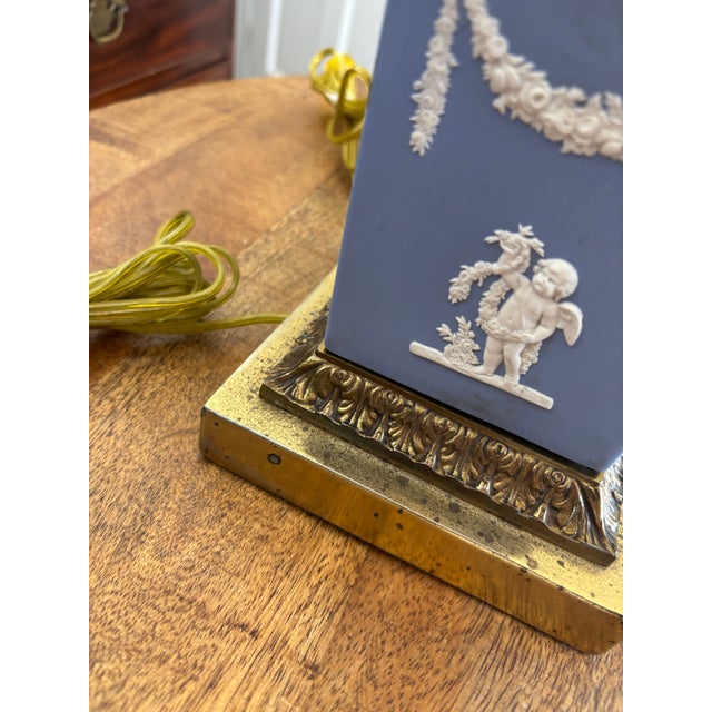 Mid 19th Century Sky Blue Bisque Cherub Jasperware and Cut Glass Neoclassical Column Lamps With Brass Fittings, Attributed to Wedgwood - Set of 2 For Sale - Image 11 of 12