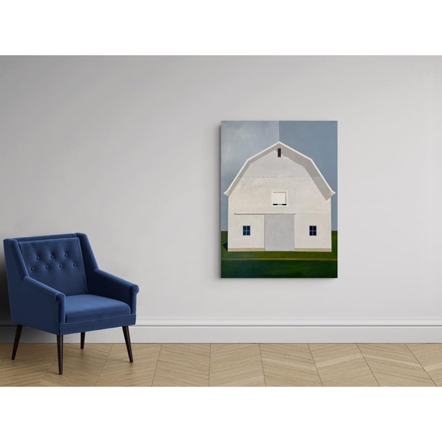 Textile North of Eden by Justin Wheatley | Acrylic on Canvas White Barn With Green Field For Sale - Image 7 of 11