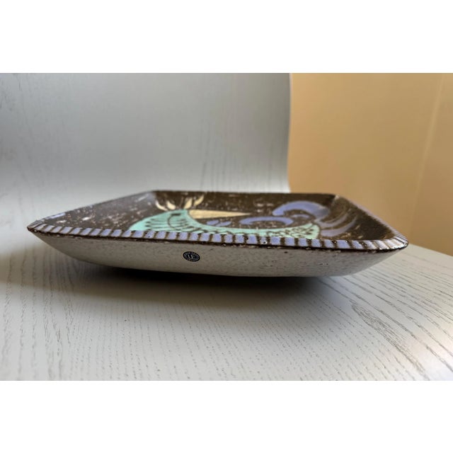 Large stoneware Bowl/Plate by Mari Simmulson for Upsala Ekeby Sweden with bird motif. Art pottery signed by Mari Simmulson...