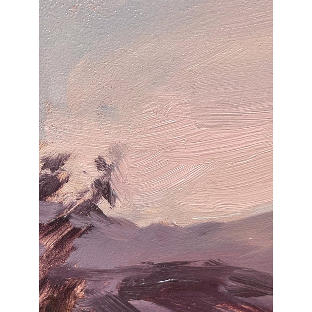 This oil on panel painting captures a serene sunset over the mountainous landscape of Breckenridge. Soft, muted tones...