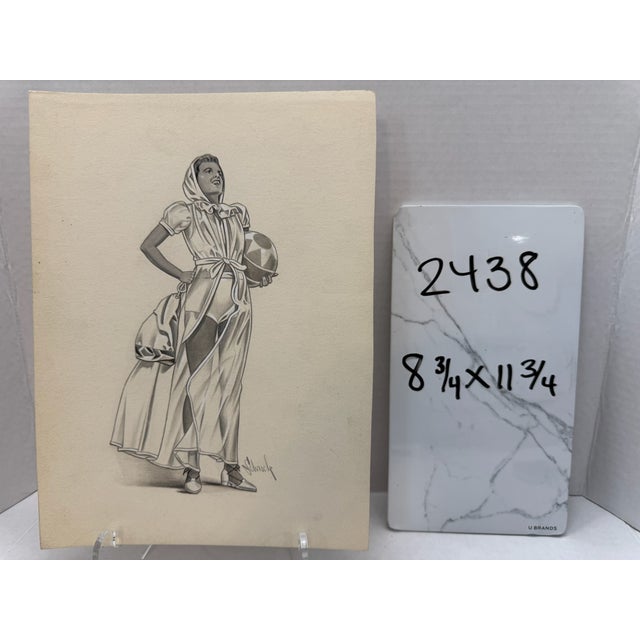 1940s Original Signed Graphite Illustration of Young Woman With Ball, 11.75 X 8.75 In. For Sale In Atlanta - Image 6 of 6