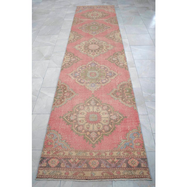Textile 1960s Traditional Turkish Runner Rug Hand Knotted Distressed Low Pile Pink Hallway Decor For Sale - Image 7 of 13