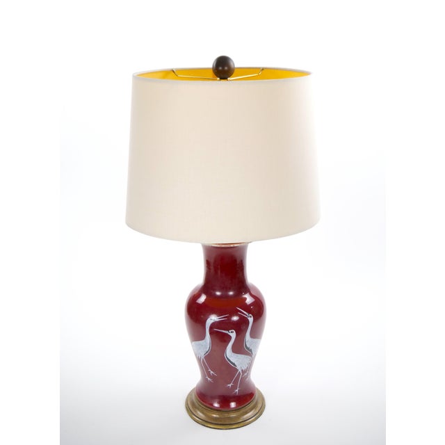 Pair of Mid-20th Century Burgundy Red Porcelain Chinoiserie Heron Table Lamps For Sale - Image 4 of 12