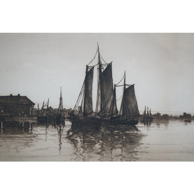 Antique Charles Mielatz Signed Rhode Island Fishing Boat Harbor Etching 27" For Sale - Image 11 of 15