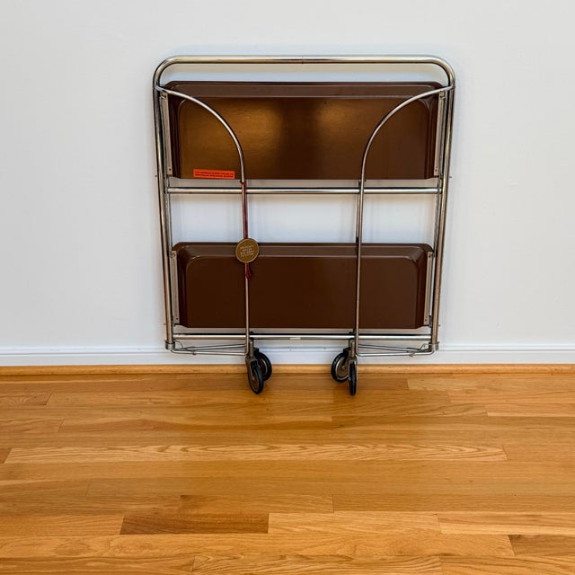 Mid-Century Modern Vintage 1970s German Bremshey Chrome & Brown Folding Bar Cart For Sale - Image 3 of 10