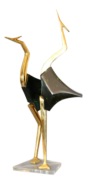 Stylized Brass and Wood Crane Sculptures on Lucite Base - a Pair