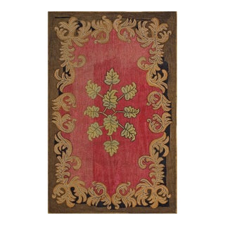 1930s Red Floral Folk Art Antique American Hooked Rug 4' 3" X 6' 9" Handmade Wool Carpet For Sale