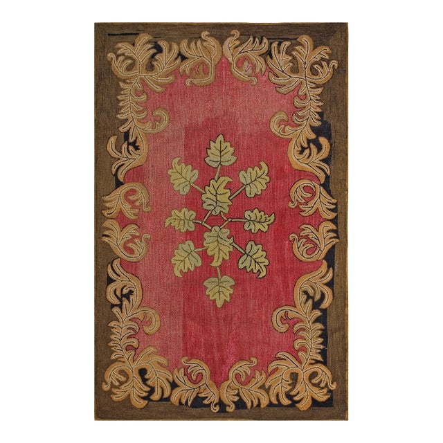 1930s Red Floral Folk Art Antique American Hooked Rug 4' 3" X 6' 9" Handmade Wool Carpet For Sale