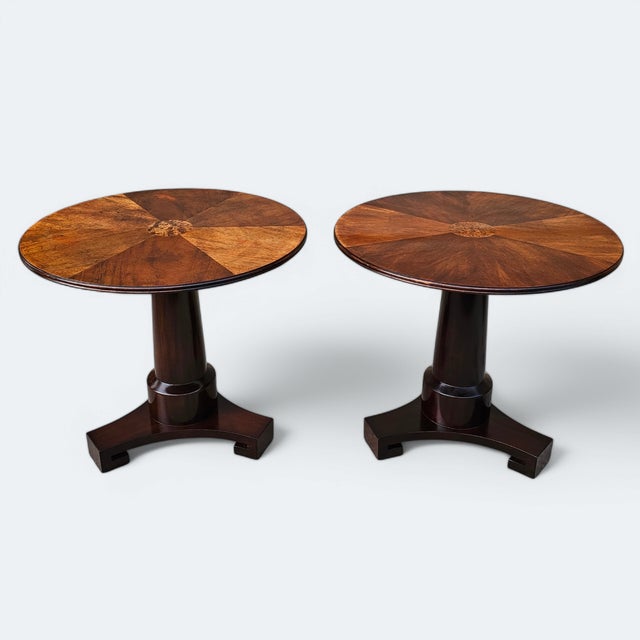 This Pair of Vintage Baker Furniture Biedermeier Style Side Tables is designed and rooted in early 19th-century Viennese...