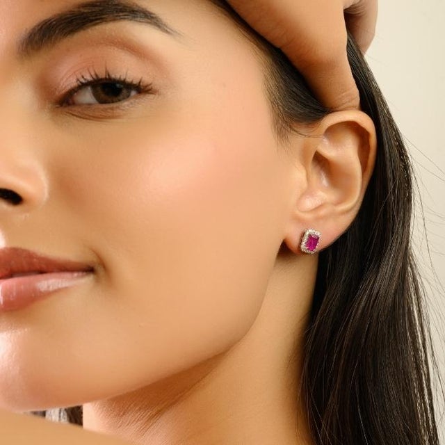 VRJewels Handmade 1.17 Ct Natural Red Ruby & Diamond Studs in 18k Gold- A Pair For Sale - Image 4 of 13