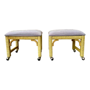 A Pair of Coastal Style Rolling Footstools/ Benches on Casters by Henry Link Furniture. Circa 1980s