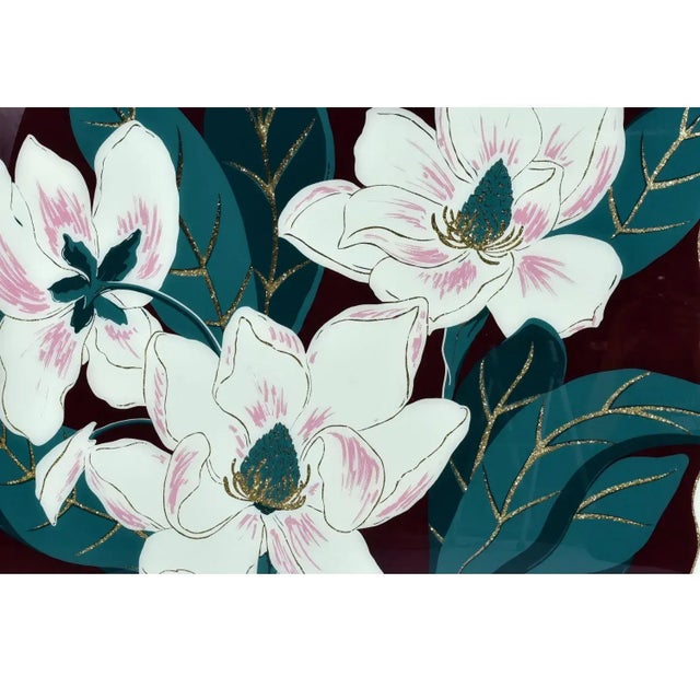 White Vintage 1980s Large Scale Magnolia Floral Wall Art White Mauve Green and Gold Glitter For Sale - Image 8 of 8