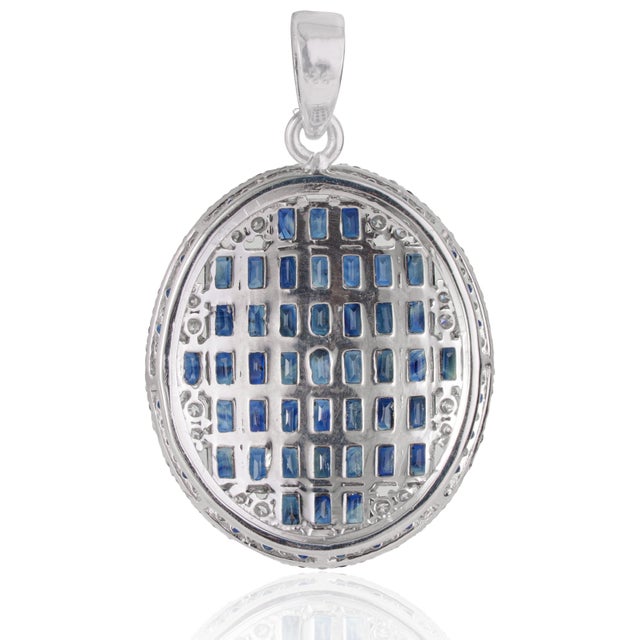 Metal Art Deco Baguette Cut Blue Sapphire & Diamond Mosaic Statement Pendant | 3.45 TCW For Sale - Image 7 of 13