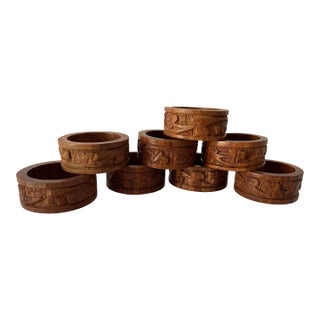 70's Vintage Carved Wood Napkin Rings Set of 8 For Sale
