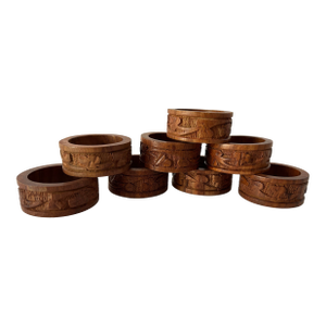 70's Vintage Carved Wood Napkin Rings Set of 8