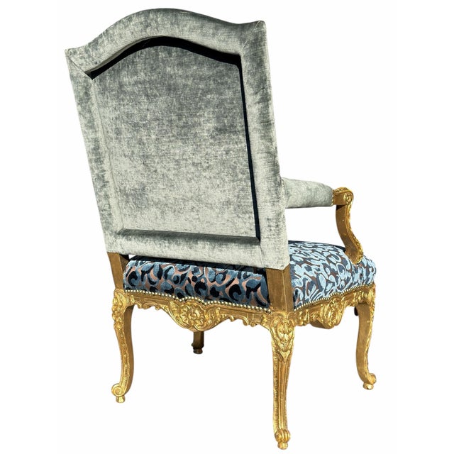 1990s Quatrain for Dessin Fournir Louis XV Style Giltwood Fauteuil Arm Chair W Blue Silk Velvet For Sale - Image 5 of 5