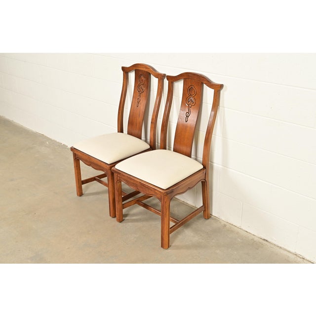Thomasville Mid-Century Hollywood Regency Chinoiserie Carved Walnut Side Chairs or Dining Chairs, Pair For Sale - Image 14 of 14
