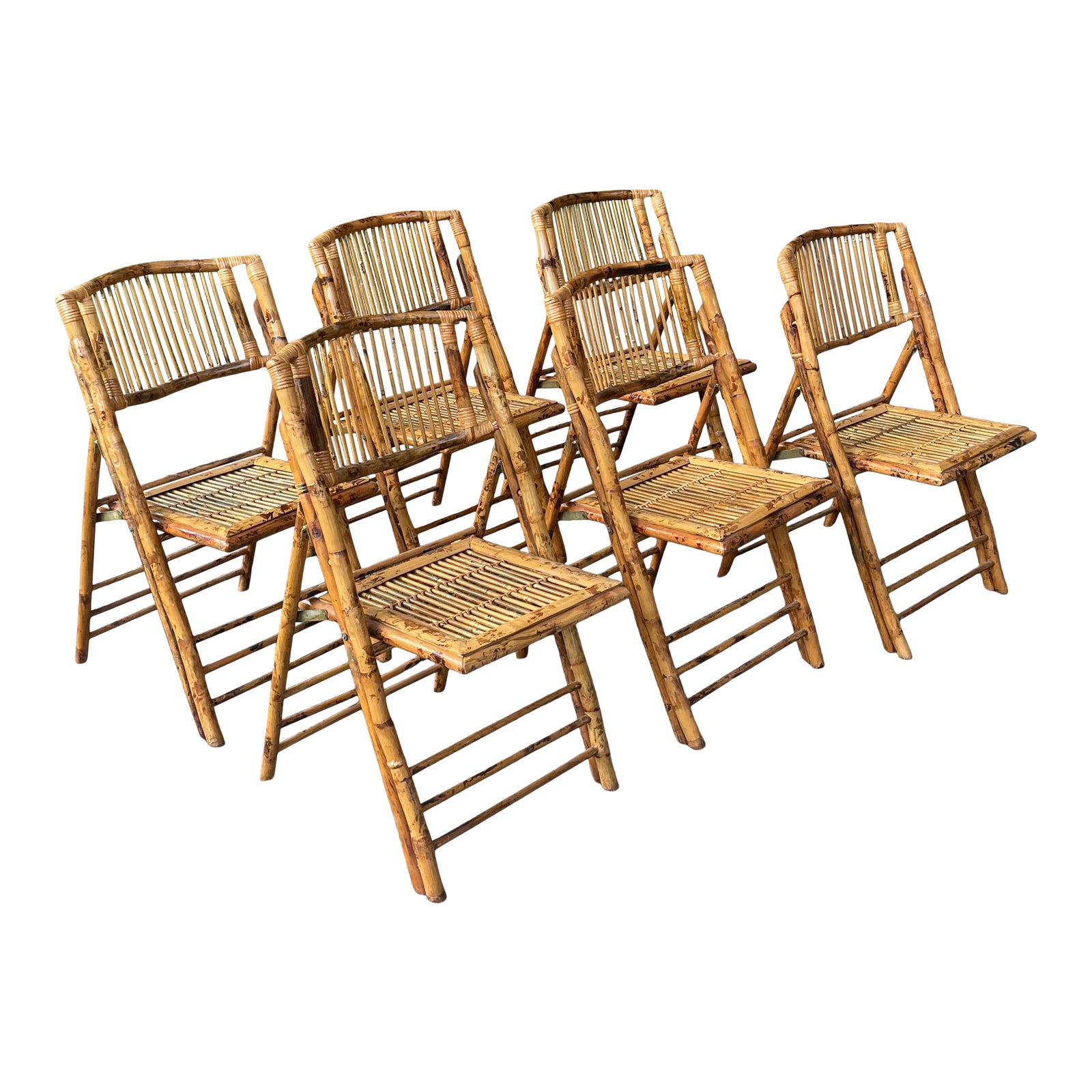 Vintage Burnt Bamboo Folding Chairs Set of 6 Chairish